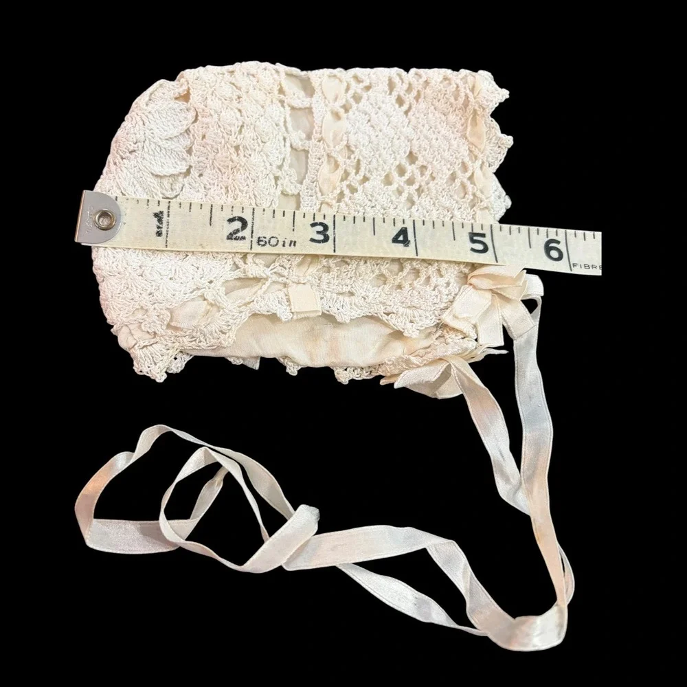 Antique Victorian Edwardian Irish Crochet Baby Bonnet Silk Lining & Rosette 1900